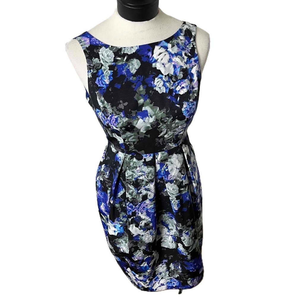 Eliza J Floral Print Sheath Dress Women Size 2P Blue Black Fit Flare Knee Length